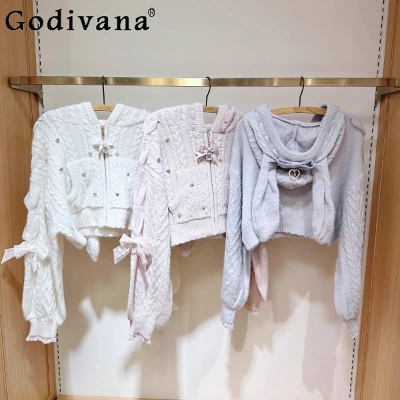 Liz Cardigan corto lavorato a maglia giapponese 2025 Nuove ragazze carine Dolce Bowknot Orecchie di coniglio Lolita Giacca lavorata a maglia Top Primavera e autunno
