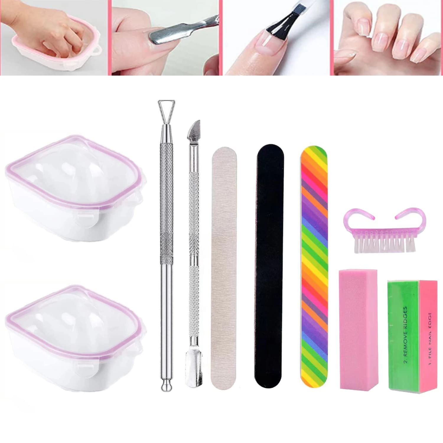 Ciotola per ammollo per unghie a doppio strato, spazzola per pulizia manicure, lima per unghie e striscia per lucidatura Set di strumenti per manicure e manicure da 10 pezzi