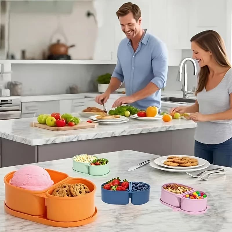 Silicone Snack Container/Covered Reusable Dual-Compartment Food Storage Lunchbox/Leak-Proof Design/Suitable for Outdoor Picnics