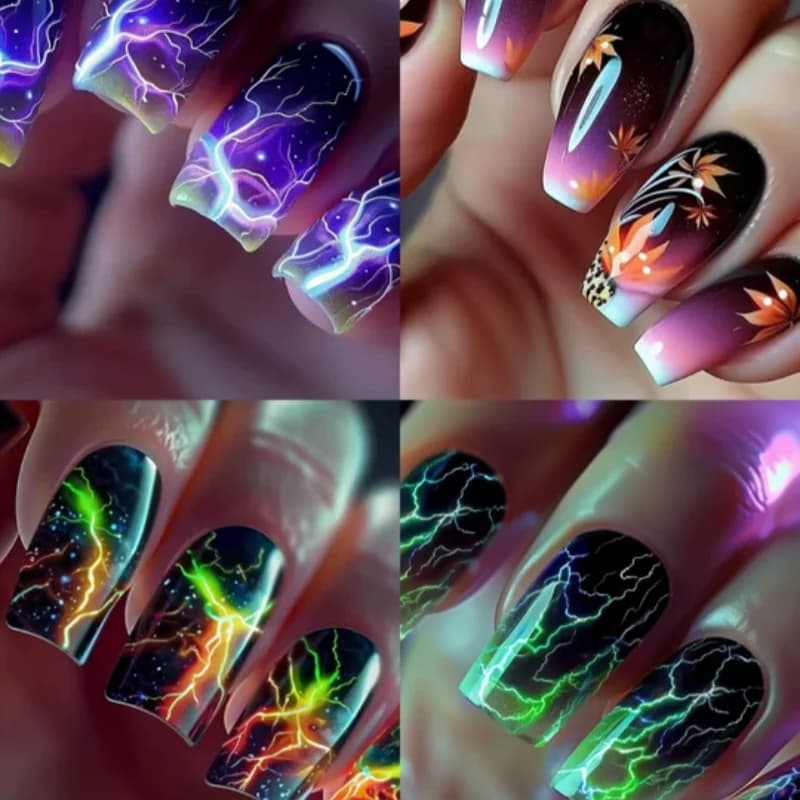 Print for stripes lightning on fake nails Medium length square head fake nails Complete tips for fashionable nail art green wearables