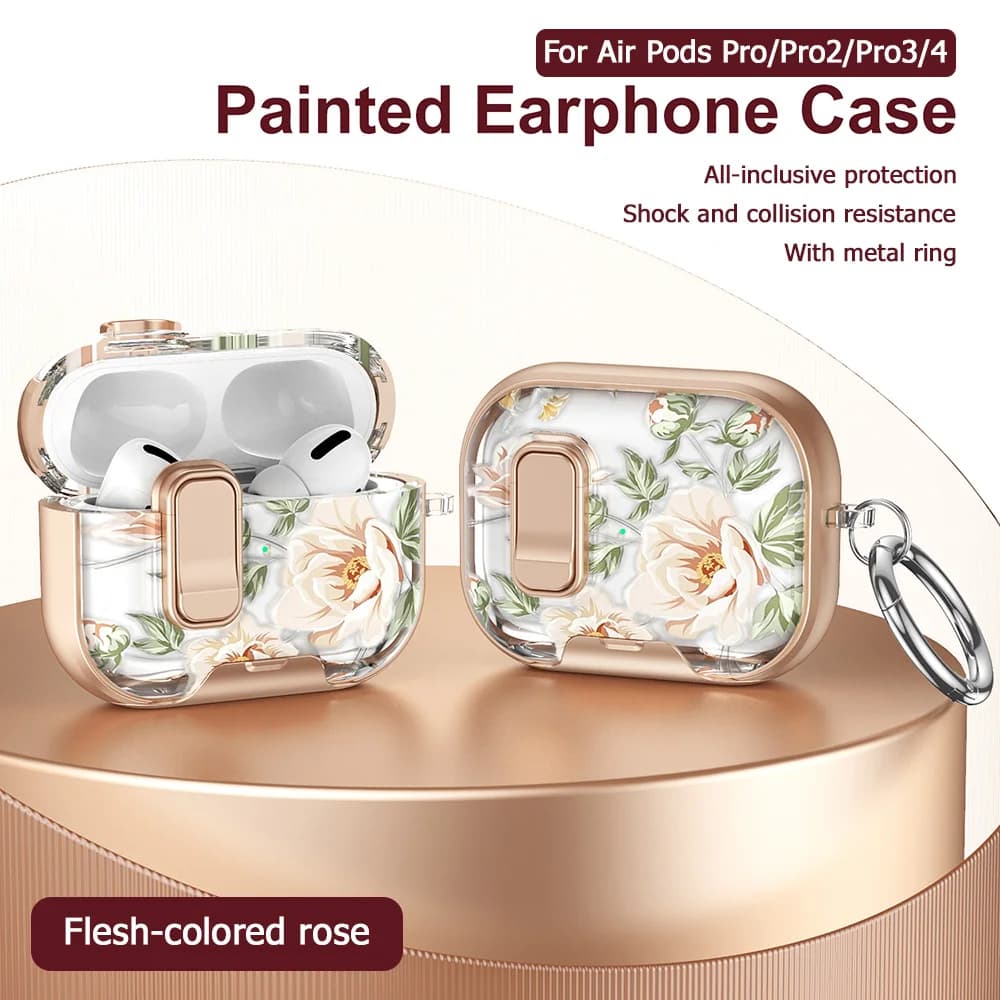 Leopard Flower Transparent Headphone Case With Stand And Locking Closure For Airpods 4/Pro 2/Pro 3 Cases Shockproof With Hooks