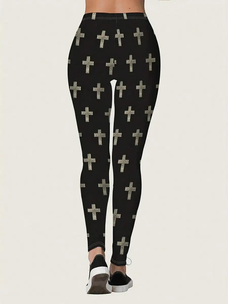 Womens High Waisted Cross Print Leggings Stretchy Soft Fabric Casual Yoga Pants