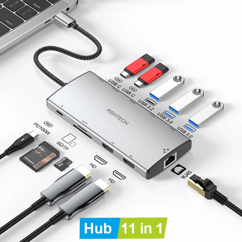 Docking station hub USB C RSHTECH 11 in 1 con lettore di schede SD/TF USB 3.2 e 3.0 PD100W compatibile HDMI 8K 4K RJ45 per MacBook