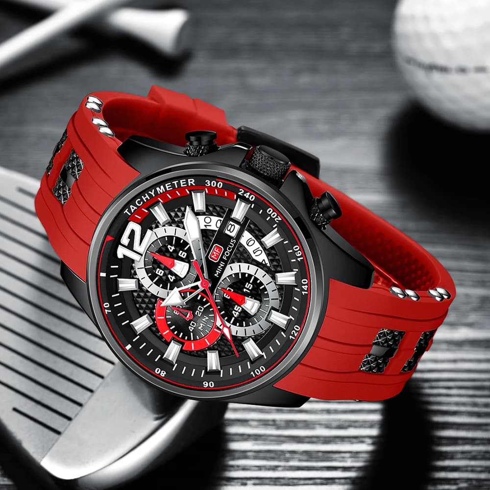 MINI FOCUS Fashion Sports Mens Watches Top Brand Luxury Chronograph Quartz Men Watch Red Silicone Strap Business Wristwatches
