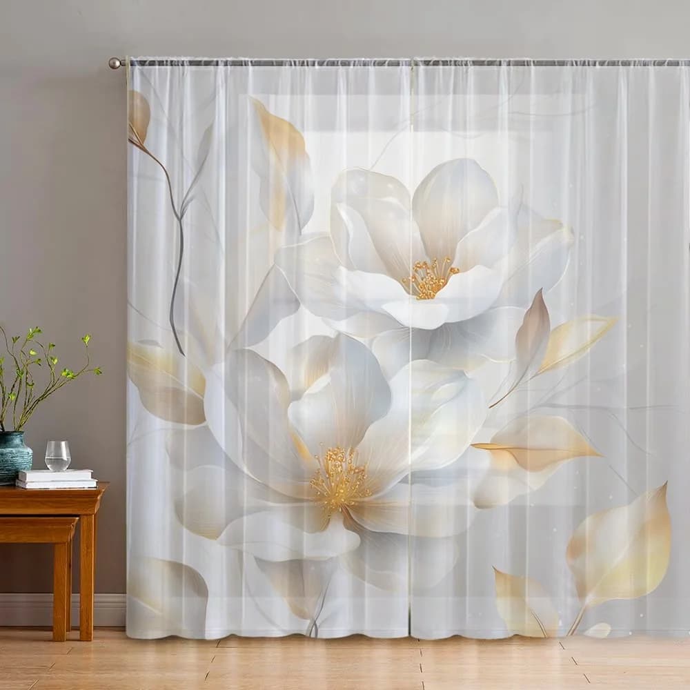 Digital Printed Sheer Curtain, Two White Flowers Print, Minimalist Elegant Floral for Living Room Bedroom Home Decor