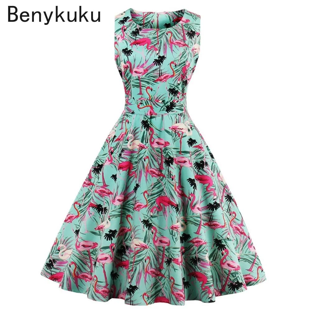 Plus Size Swan Flamingo Print Vintage Dress Women Casual Tunic Pin Up Robe 50s Rockabilly Summer Party Dresses Feminino Vestidos