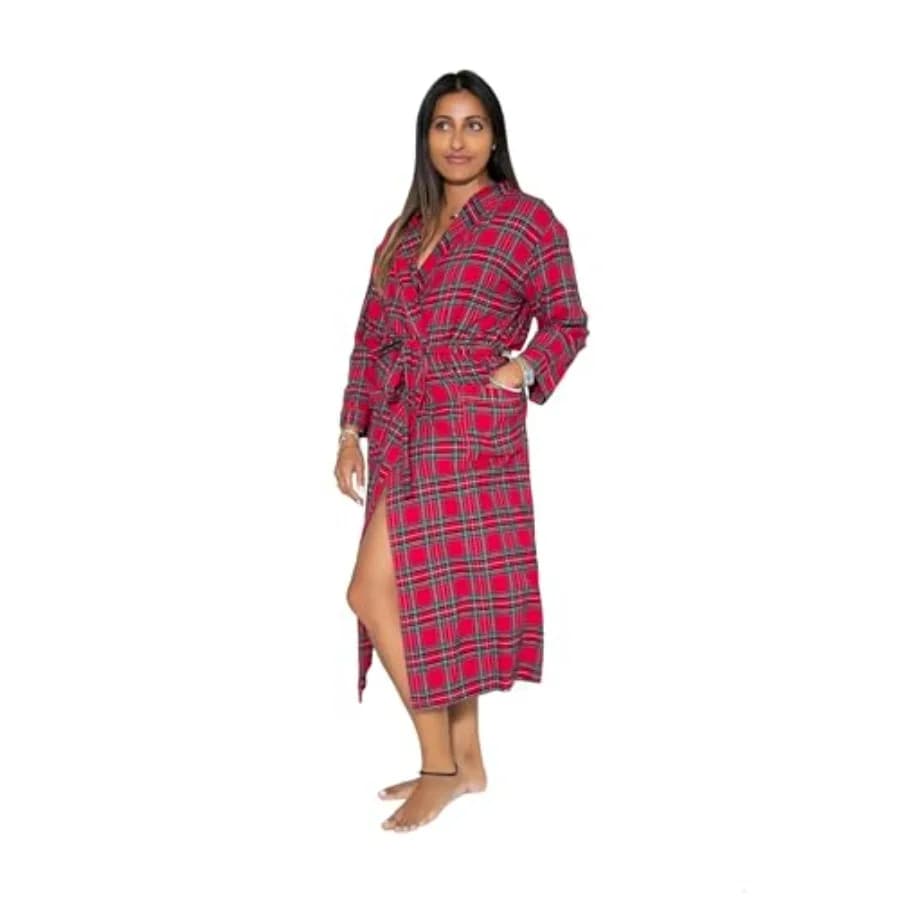 Accappatoio da donna LA CERA a maniche lunghe in 100% cotone flanella con cintura, collo a scialle, tasche frontali, lavabile in lavatrice