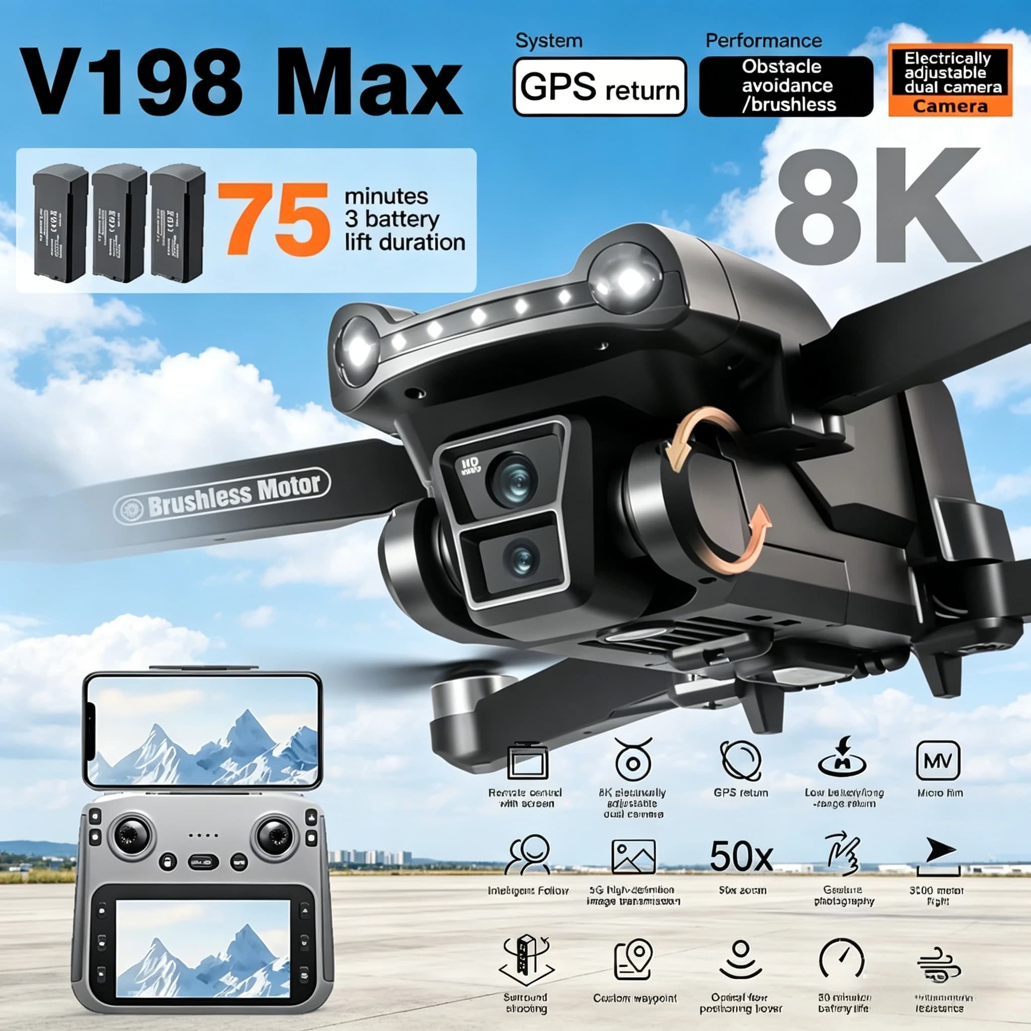 Drone GPS Lenovo V198MAX con Fotocamera Professionale 8K, FPV Aereo, Evitamento Ostacoli Laser, Telecomando con Schermo Grande, Pieghevole RC