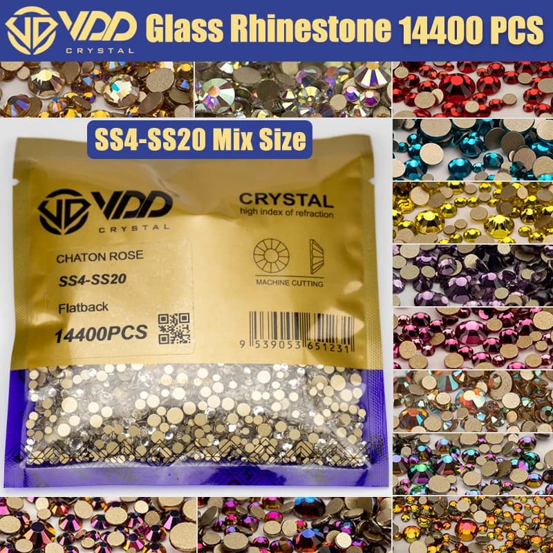VDD 14400 Pz All'ingrosso SS4-SS20 Formato Della Miscela Strass di Vetro di Cristallo Non hotfix Oro FlatBack Pietre Per FAI DA TE Unghie artistiche Accessori