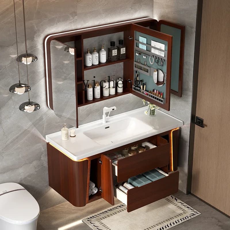 ZZ Lavabo intero in ceramica intelligente stile crema, mobiletto da bagno ad angolo arrotondato, mobiletto con specchio