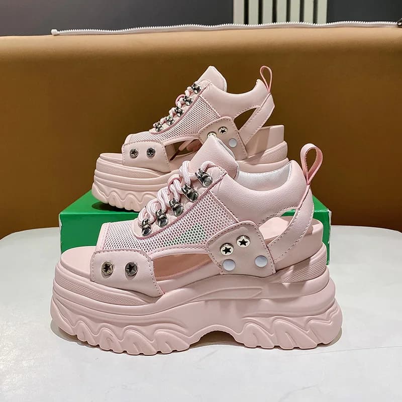 Sneakers sportive da trekking con plateau piatto in rete traspirante da donna, sandali gladiatore estivi con zeppa scavata e lacci, scarpe da donna con suola spessa