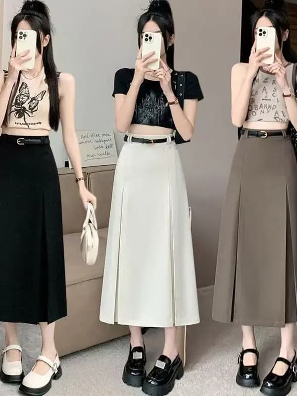 Gonna a vita alta a trapezio, estiva, snellente, midi, in fibra di poliestere, stile coreano, casual da lavoro, modello Sandal Shape