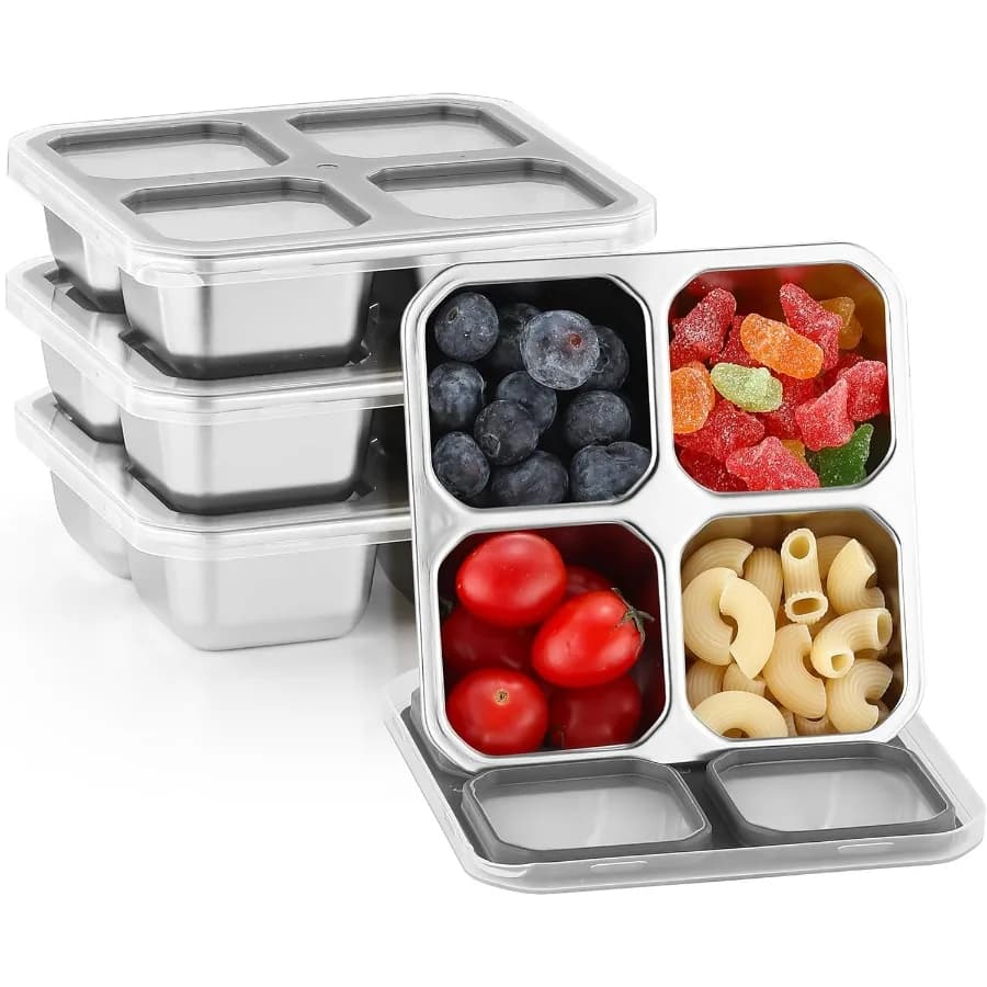 Confezione da 4 contenitori per snack in acciaio inossidabile con coperchi Scatola per il pranzo a 4 scomparti per adulti e bambini Contenitori Bento Box per la preparazione dei pasti Reusa