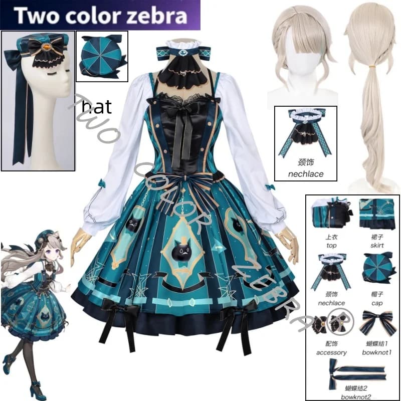 Costume Cosplay Lynette by Genshin Impact, Wig, Green Dress, Set Complete Style Lolita, Uniforms for Carnival and Comic Con