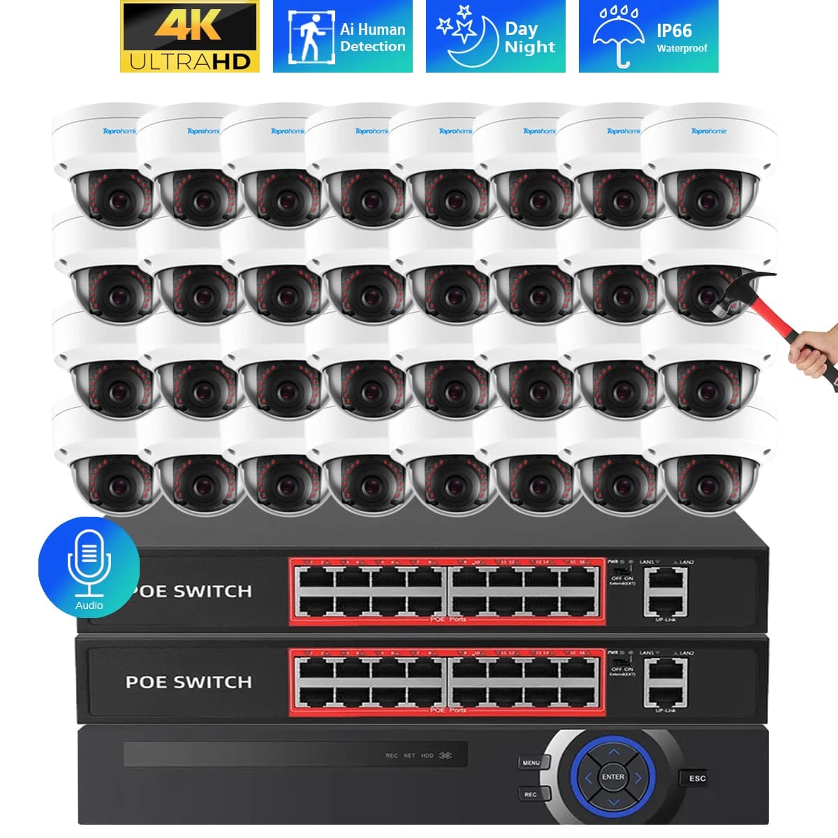 32CH 4K POE NVR Kit 8MP 5MP sicurezza Indoor Outdoor telecamera Dome antivandalo registrazione Audio telecamera IP CCTV Set di videosorveglianza