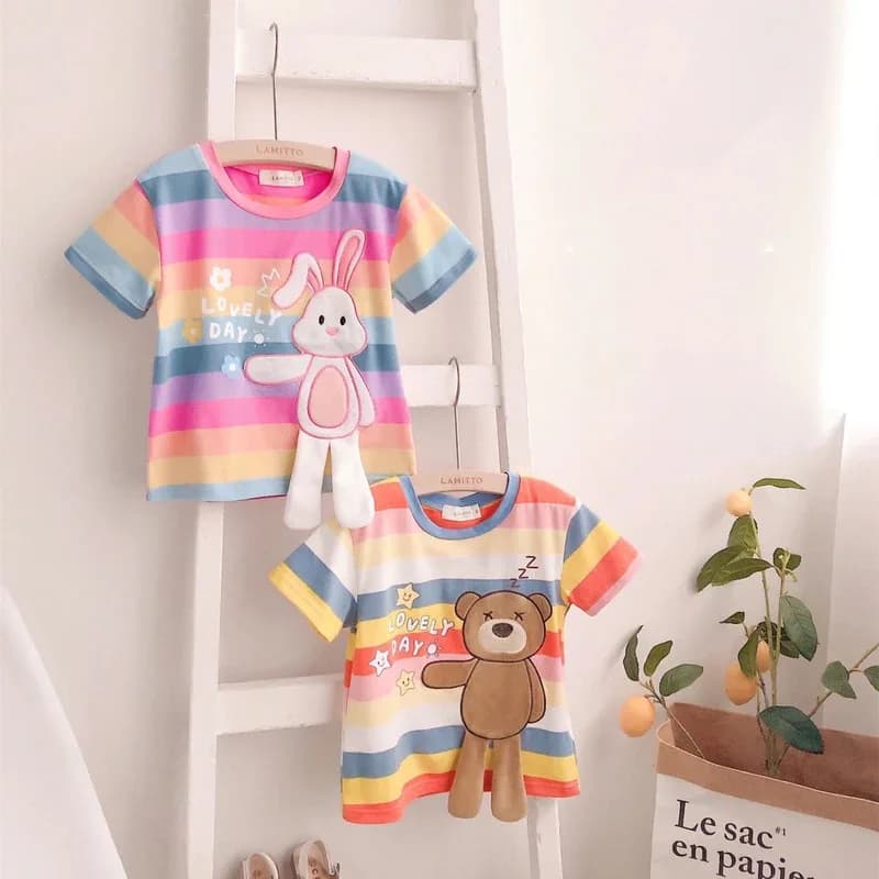 NewKids T-shirt a righe arcobaleno Estate Nuovo simpatico orso coniglietto Top a maniche corte per ragazzi e ragazze Costume cosplay a mezza manica alla moda