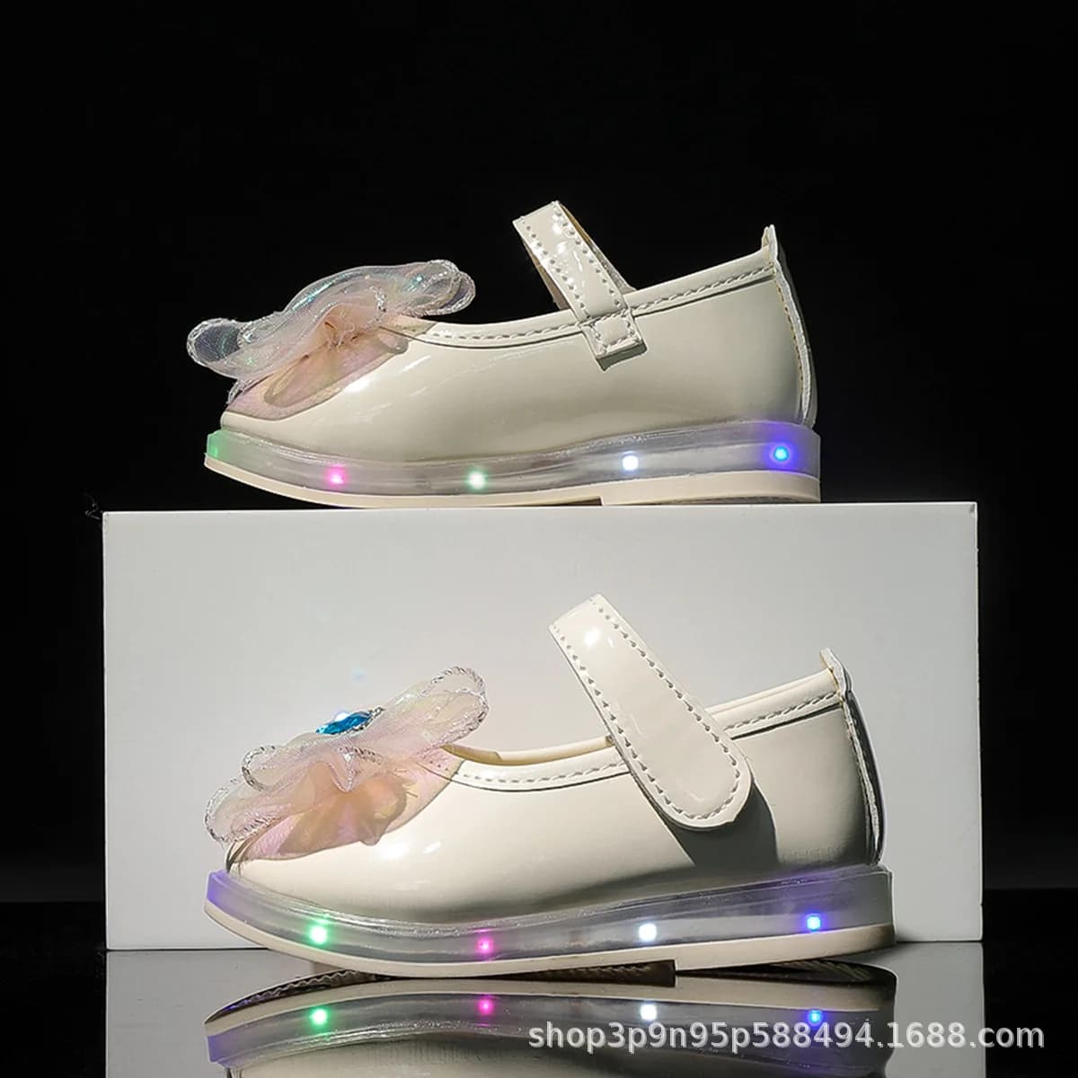 New Spring Autumn Girl Velcro LED-Light-up Square-toe Princess Shoe Children Big Bow Casual Flats Shoe Kids with Mary Jane Shoes