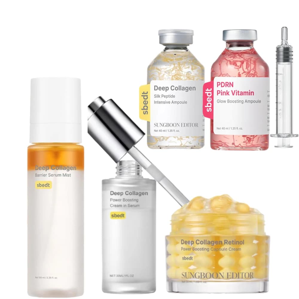 Set Coreano Sbect per la Cura della Pelle - Ampolla al Collagene e Peptidi di Seta, Siero, Spray, Crema in Capsule al Retinolo, Ampolla PDRN, Illuminante