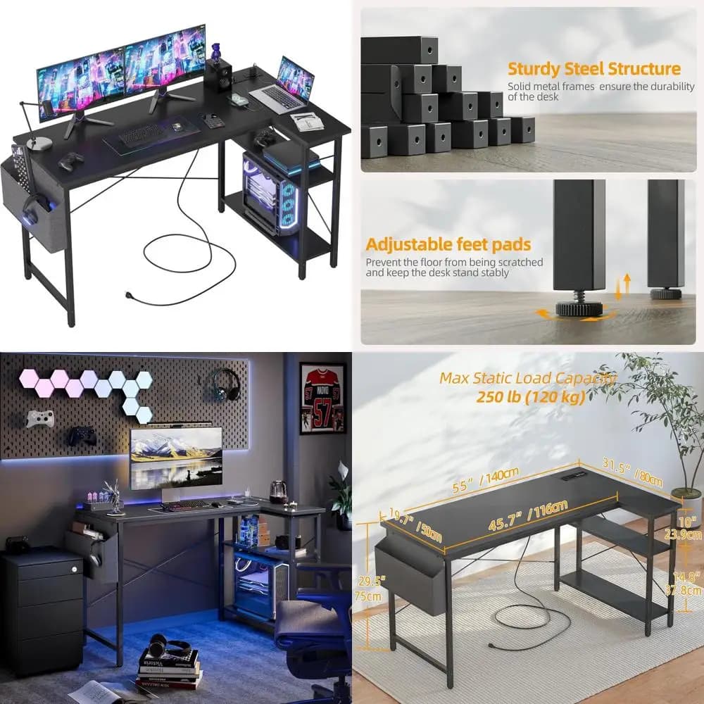 Scrivania Compatta a L da 55 L con Prese di Corrente, Ideale per Gaming e Studio in Spazi Ristretti, Nera