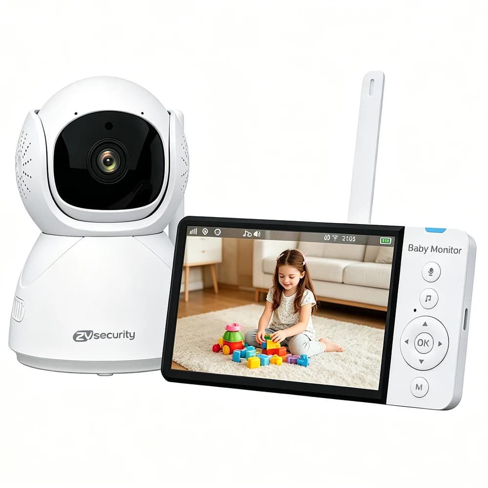 Baby Monitor con Schermo IPS da 5 Pollici, Telecamera PTZ per Bambini, Batteria da 5000mAh, Visione Notturna IR, Audio Bidirezionale, Slot per Scheda SD, Registratore per Neonati
