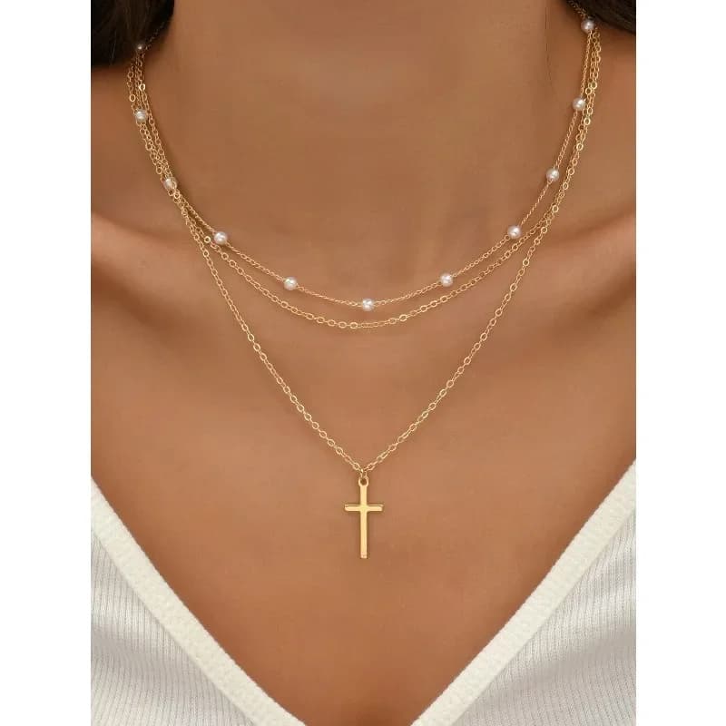 Confezione da 2 collane da donna con ciondolo a croce con perle finte, perfette per occasioni casual e formali, accessori modajvv
