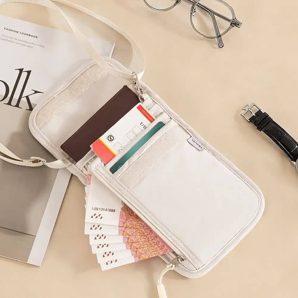 Waterproof Passport Pouch Adjustable Strap Multi-Pockets Neck Wallet RFID Blocking Smooth Zipper Credit Cards Holder