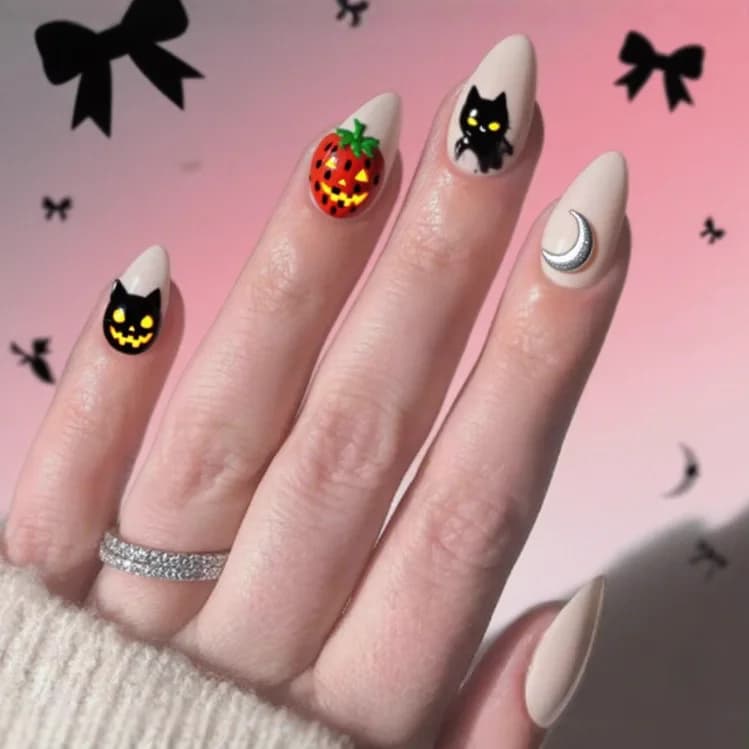 Nuove Punte per Unghie Minimaliste 2026, Tema Halloween, Gatto Nero, Luna e Zucca, Forma Allungata a Mandorla, Unghie Finte Indossabili