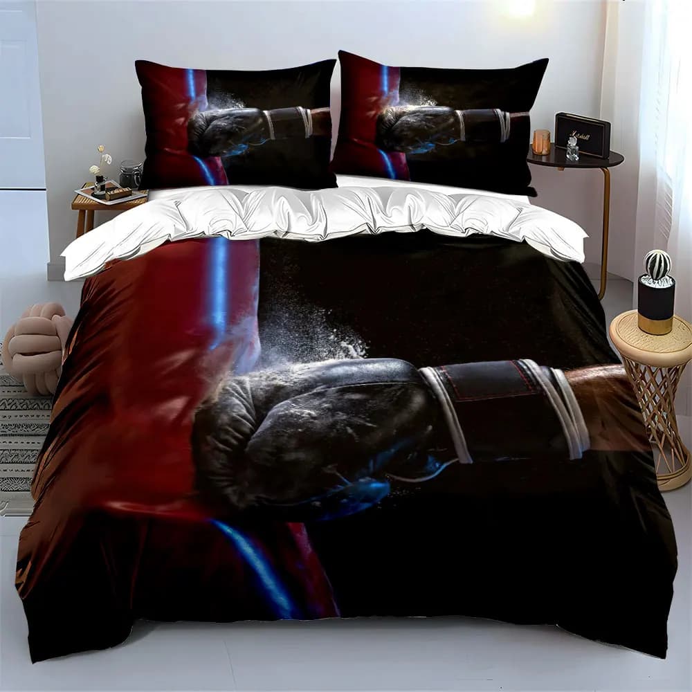 Set di Biancheria da Letto 3 Pezzi con Motivo Sacco da Boxe, Copripiumino con Stampa Guanti Neri e Sacco di Sabbia Rosso + 2 Federe, Design Sportivo per Ragazzi