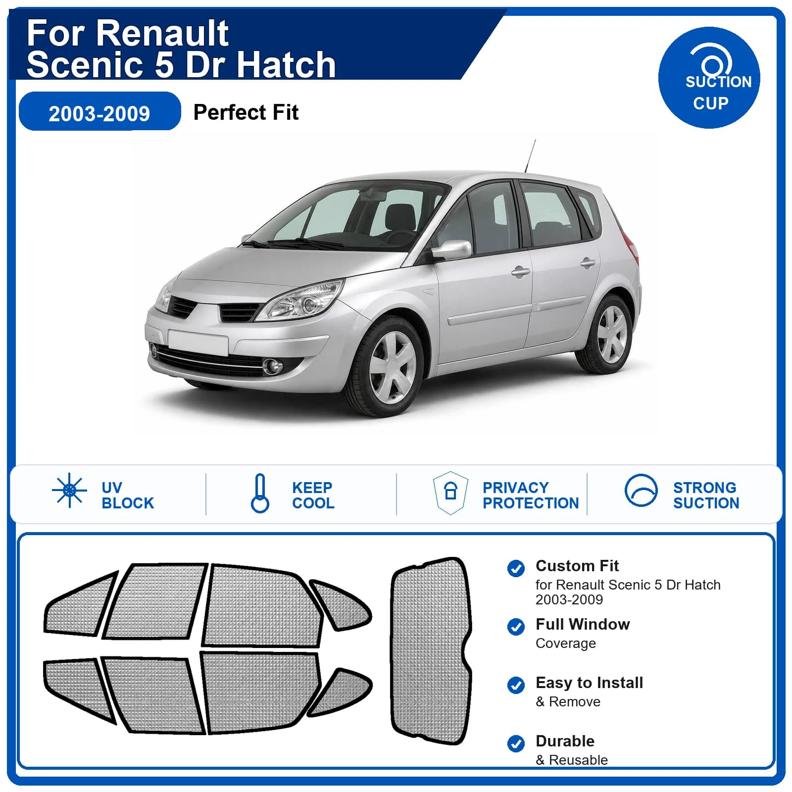 For Renault Scenic 5 Dr Hatch 2003-2009 Custom Full Set Windshield Sun Shade Aluminum Foil Heat Insulation Anti UV Foldable