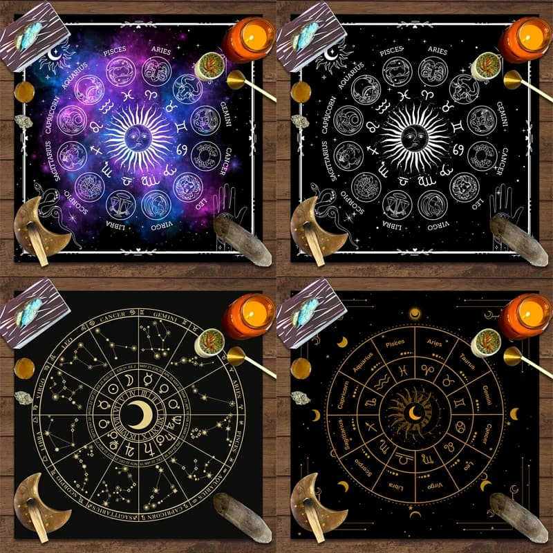 Tovaglia per carte dei tarocchi da 1 pezzo, doze astrologia zodiacale e stregoneria, decorazione per giochi da tavolo, tovaglietta per altare con fasi lunari