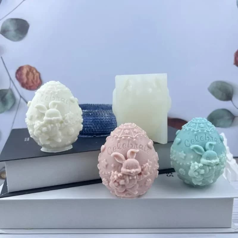 Stampo in Silicone 3D con Coniglio e Uovo di Pasqua in Rilievo per Candele, Gesso, Resina, Cemento, Creazioni Fai-da-Te
