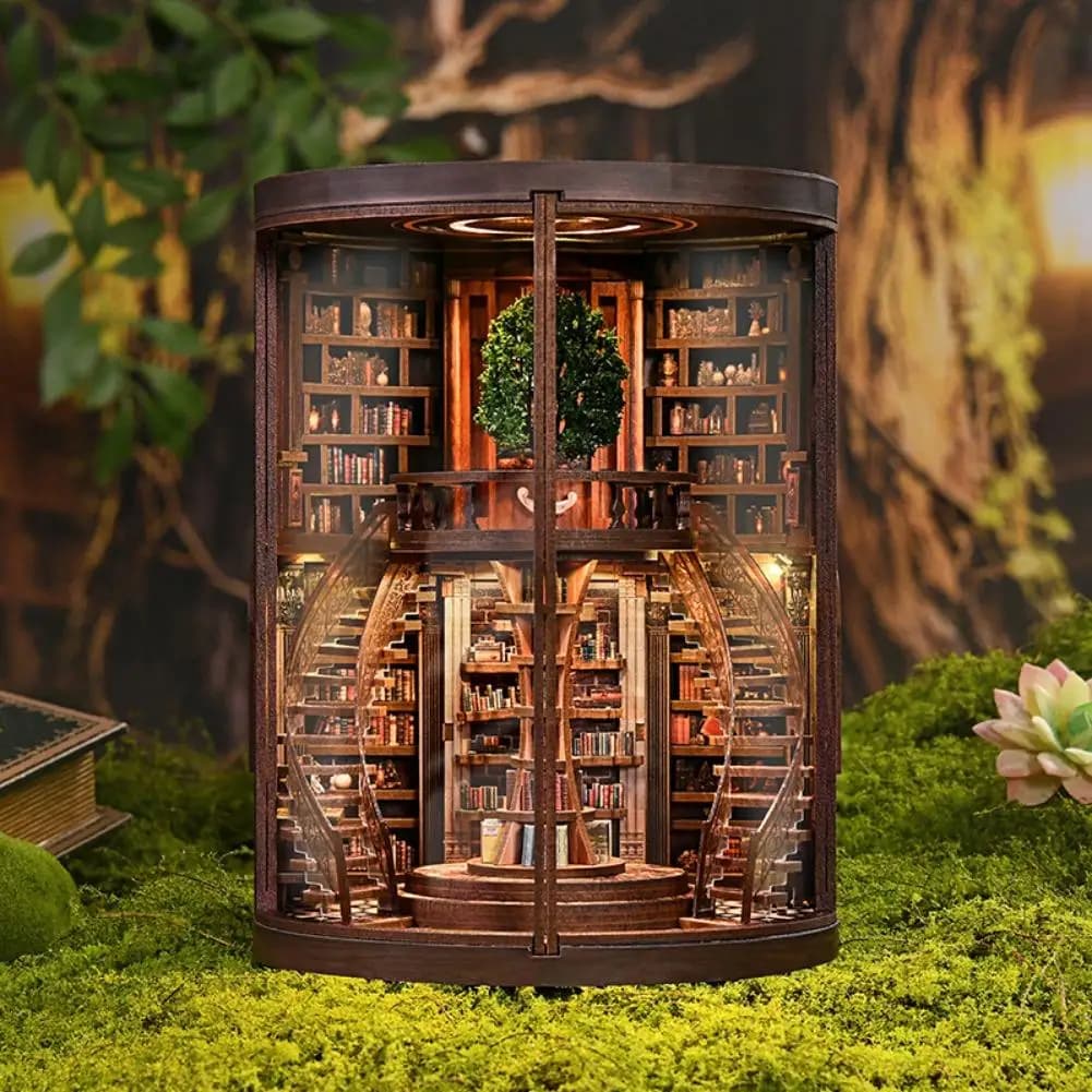 Kit Fai-da-Te in Legno per Angolo Lettura 'Anelli della Saggezza', Casa in Miniatura 3D con Luce LED, Modello da Assemblare, Regalo di Compleanno per Amici, Artigianato