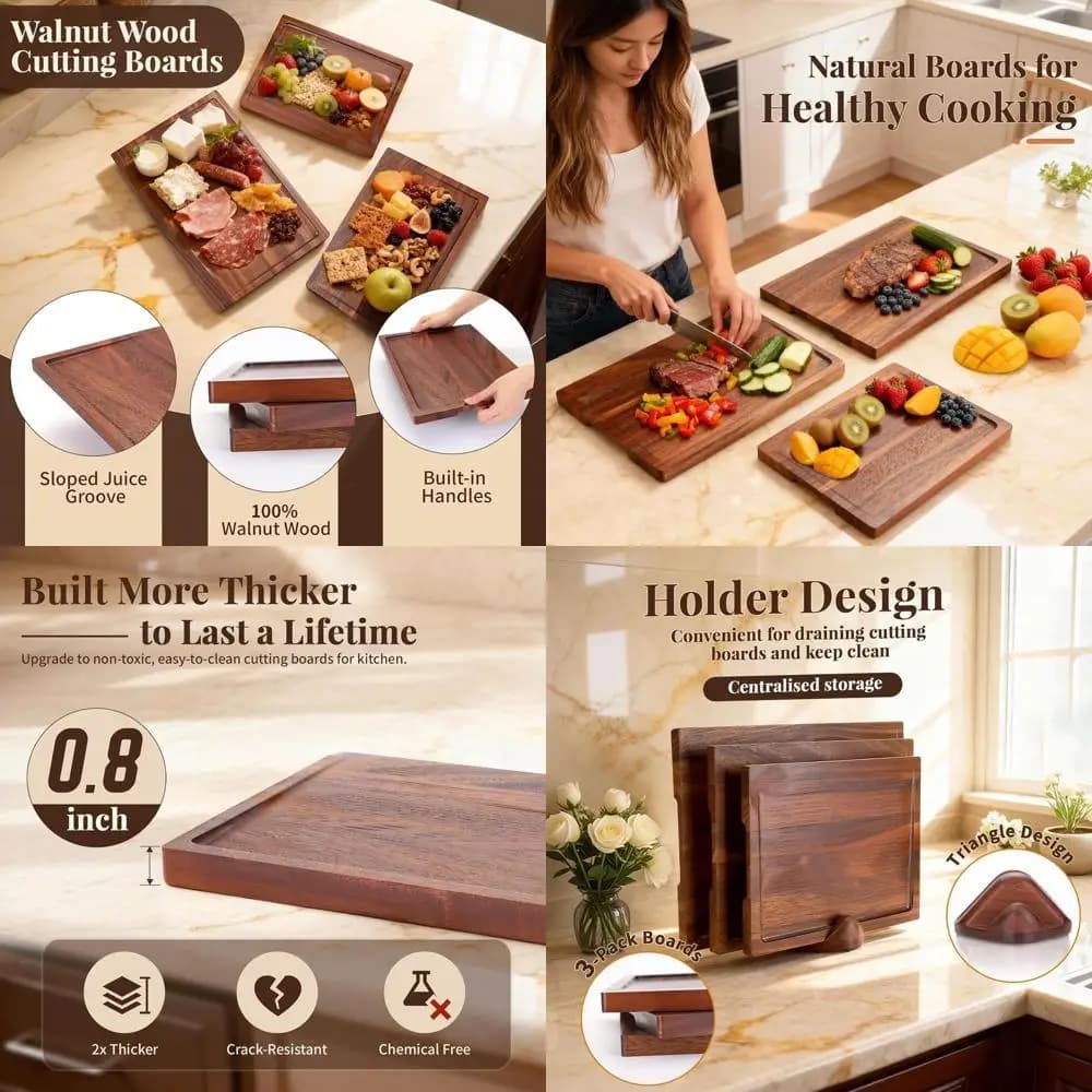 Set of 3 walnut cutters, essential elements for the kitchen with support, large and small tables, deep, non-toxic, natural, id