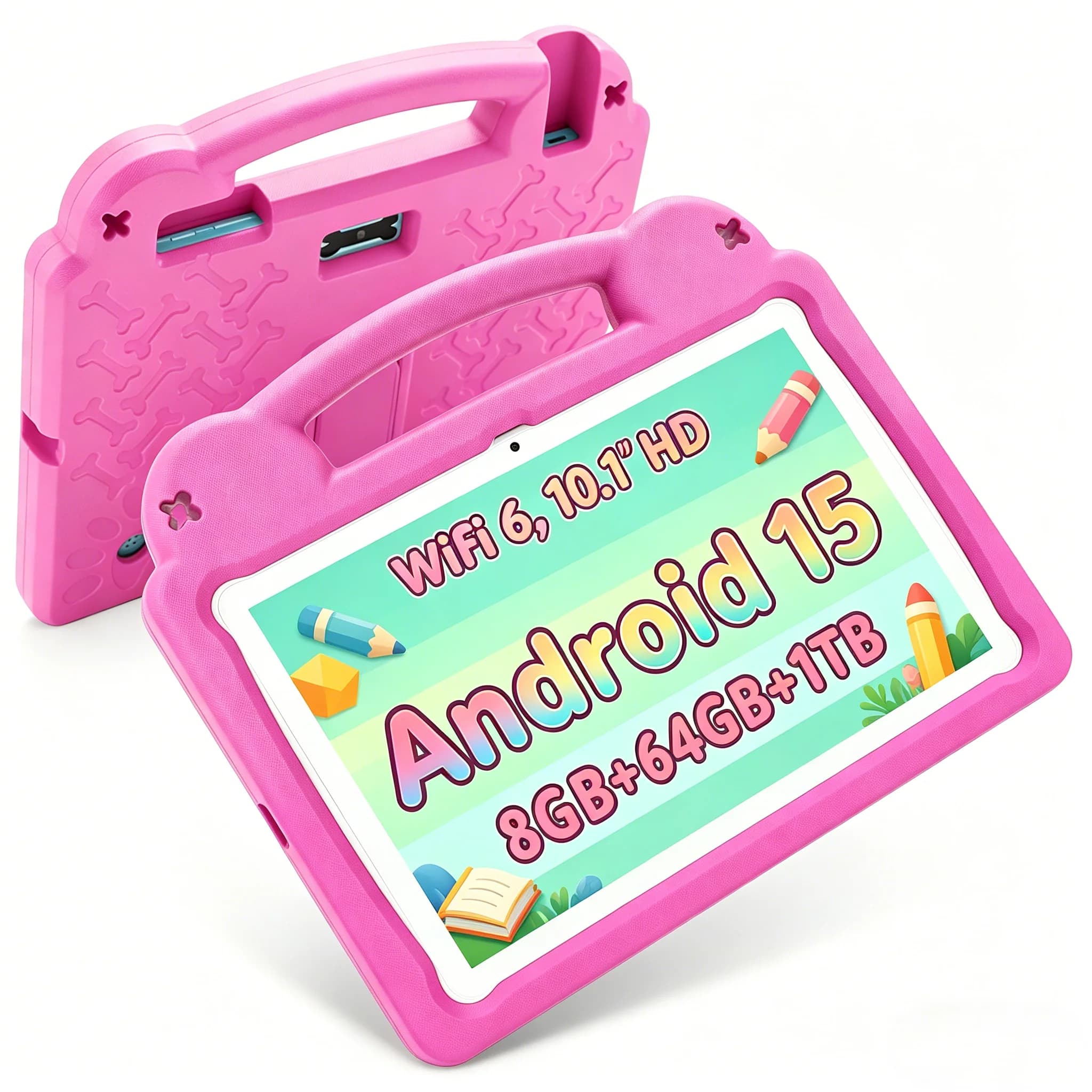 Tablet Educativo Android 15 per Bambini, 10.1 Pollici, 8GB+64GB Espandibile a 1TB, WiFi 6, Protezione Occhi, Controllo Parentale, Custodia Anti-Caduta per Ragazzi e Ragazze