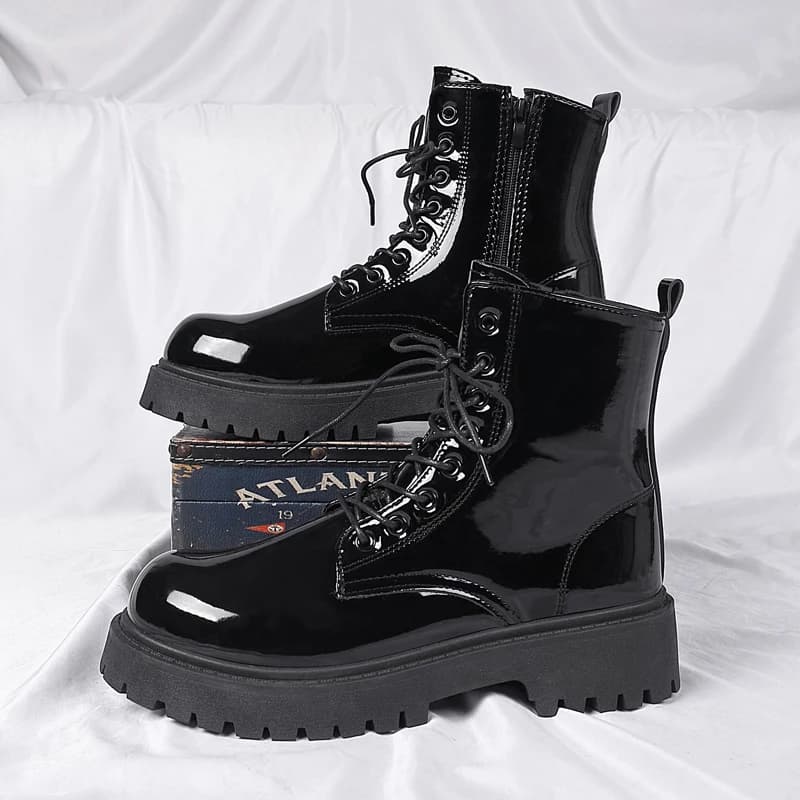 Combat Ankle Boots、Patent Leather Boots、Glossy Shiny Boots、Side Zipper Boots、Chunky Lug Platform Sole、 Punk Motorcycle Boots