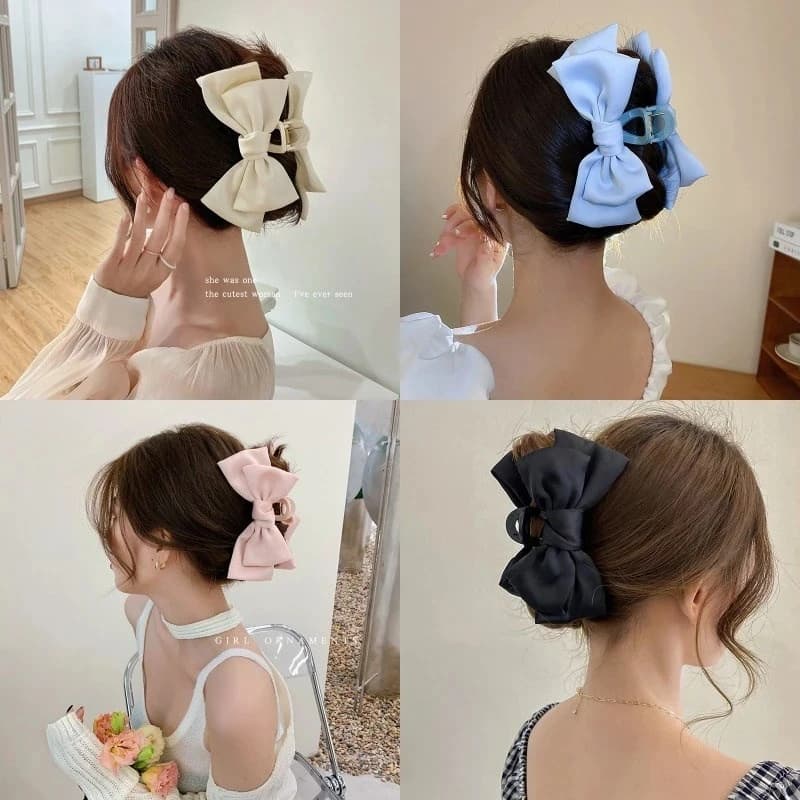 Solid color satin bow-shaped hair clips, Korean style, for women and girls, hair accessories.