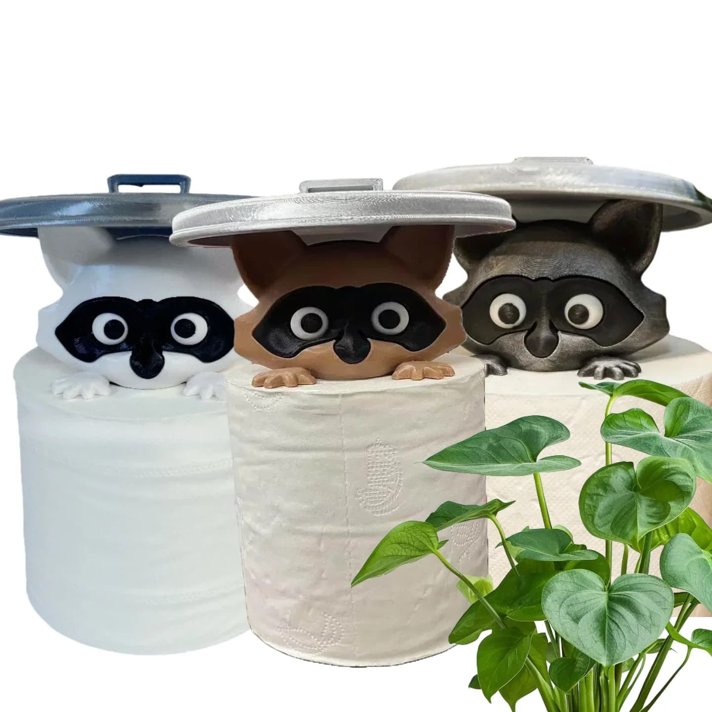 New Adorable 3D Printed Raccoon Toilet Roll Paper Holder White Plastic Playful Bathroom Decor Tissue Holder with Lid Decoration