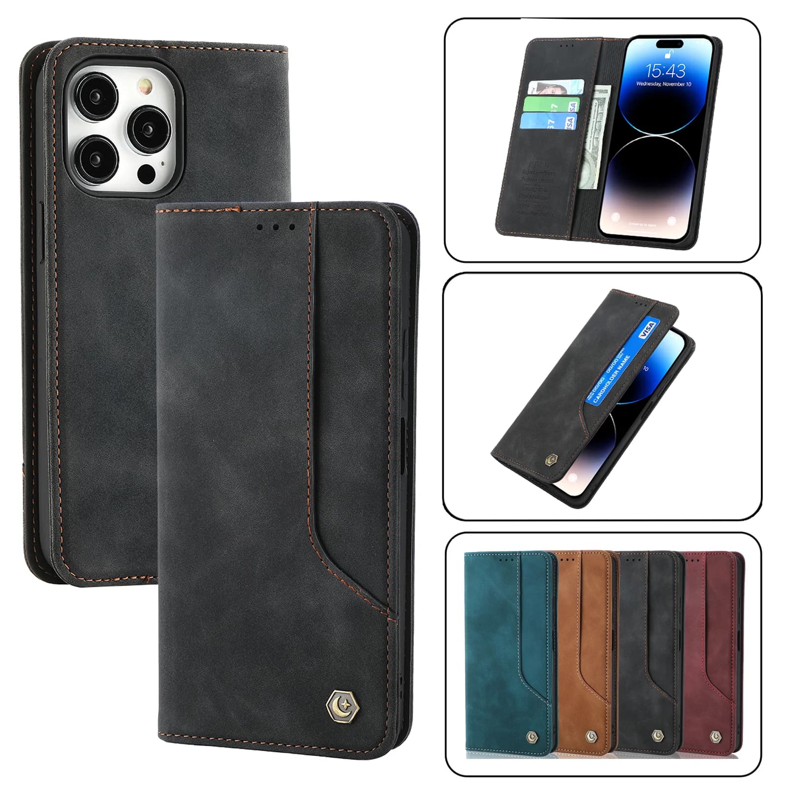 Business Leather Case for iPhone 16 15 14 13 12 11 Pro Max 16E XR XS X 8 7 Plus SE Magnetic Flip Wallet Card Slot Phone Cover