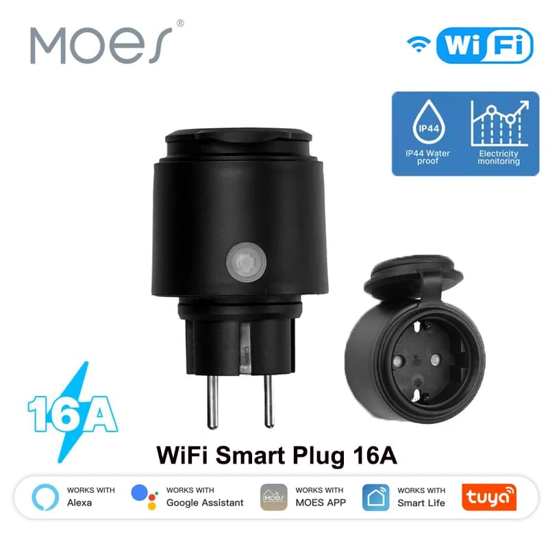 MOES Tuya WiFi Smart Plug 16A Presa EU IP44 Impermeabile Antipolvere con Monitoraggio Consumo Elettrico Compatibile con Alexa Google Home