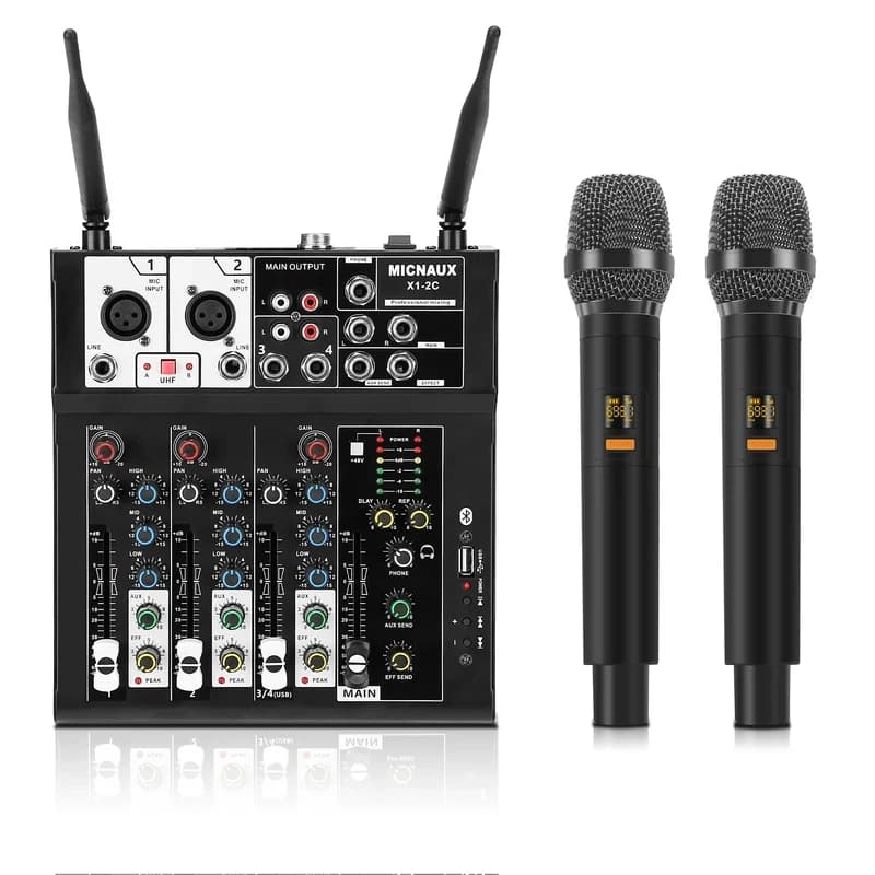 Mixer audio Fuluode X1-2C con 2 microfoni wireless, tavolo audio USB, console Bluetooth, mixer DJ per feste e karaoke.