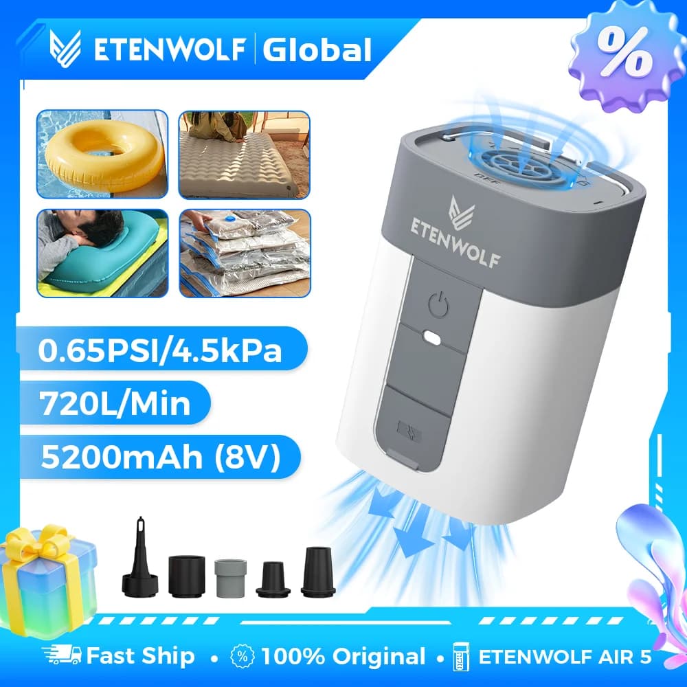 ETENWOLF AIR 5 Electric Air Pump 720 L/Min Fast Inflator & Deflator 5200mAh Portable Pump for Pool Floats Vacuum Storage Bag