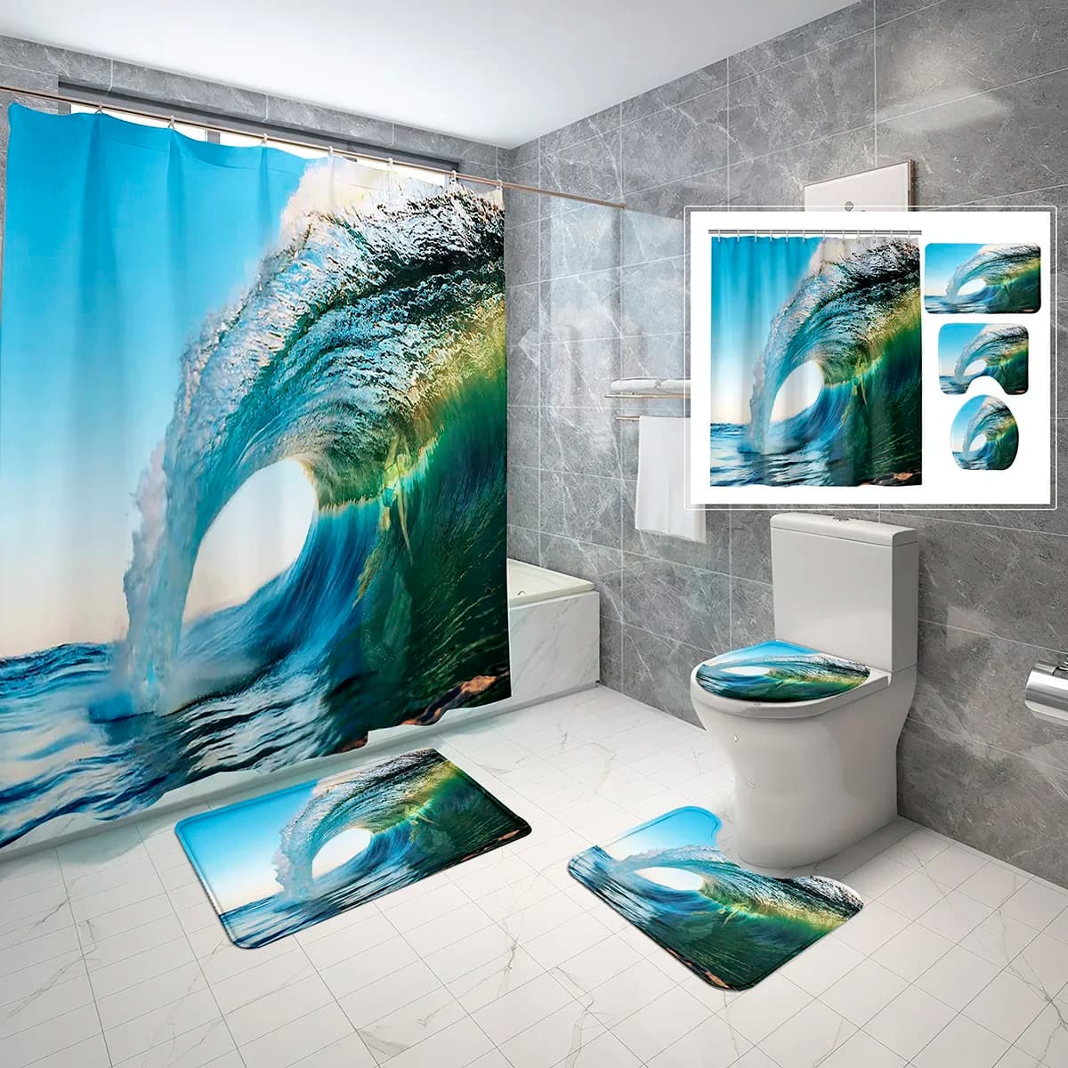 Set di 4 Pezzi per Doccia con Tema Oceanico, Tenda Doccia Moderna con Motivo a Onde Marine, Ganci, Tappetino Antiscivolo e Copriwater