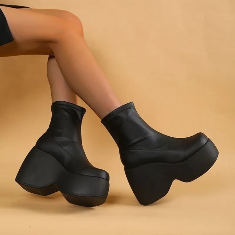 Womens Fashion Chunky Platform Ankle Boots Stretch Faux Leather Slip on Gothic Punk Short Booties Round Toe Comfort Ladies Shoes