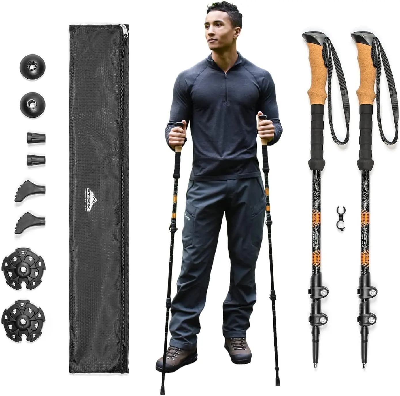 Lightweight aircraft-grade trekking poles with extended down grip and tip kit