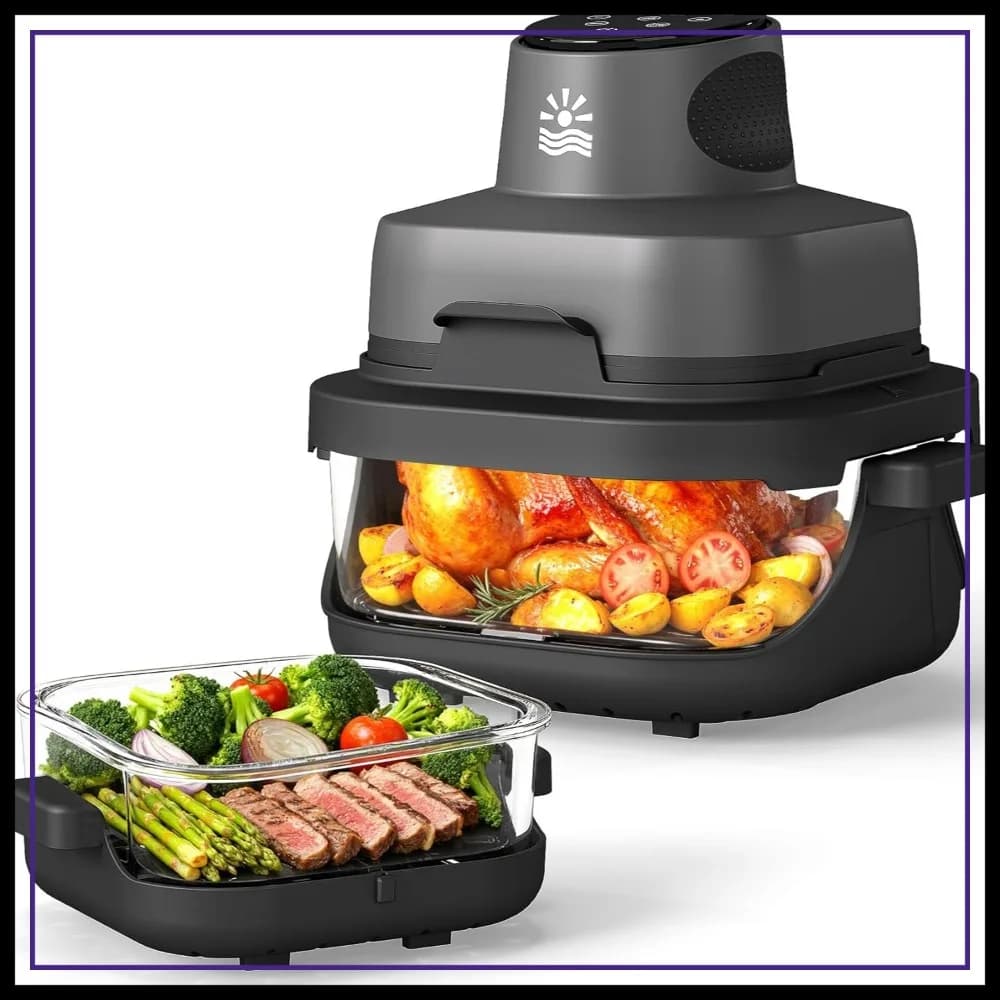 Friggitrice ad Aria Portatile in Vetro 1500W 4.2QT con Doppio Contenitore 4-in-1, Timer 60 Minuti, Temperatura Regolabile, Lavabile in Lavastoviglie