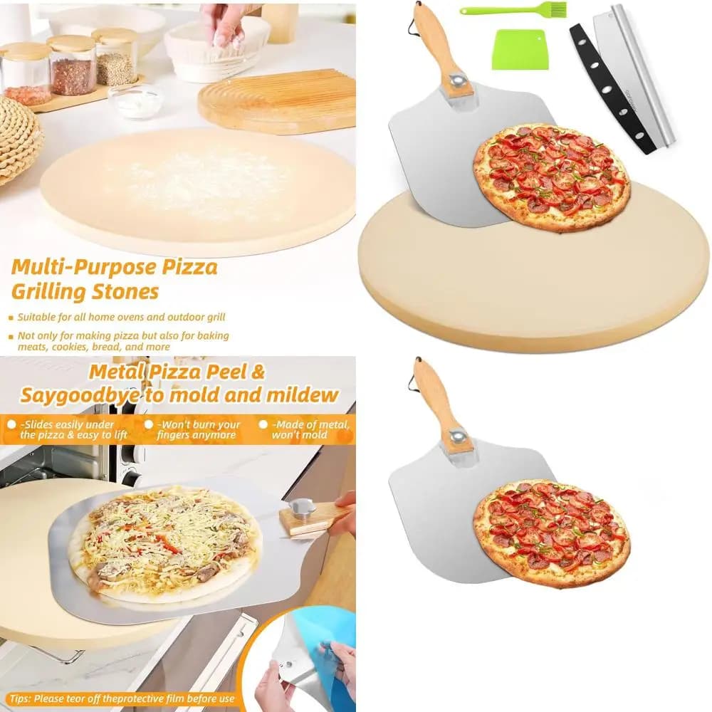 Set di 15 pietre per pizza premium: 5 pezzi con buccia e taglierina in metallo per forno e grill, gres addensati per cuocere pizzas e brea