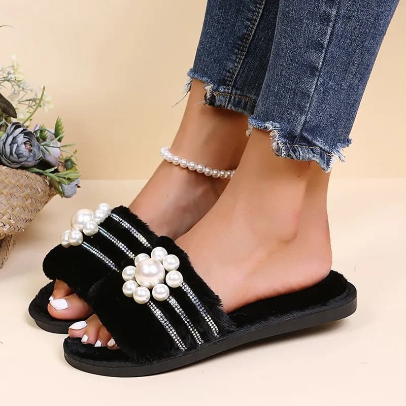 Leisure Slippers for Women Casual Flat Low Heels Basic Women Shoes Solid Fur Slip on Pearl String Bead Summer Sandals Plus Size