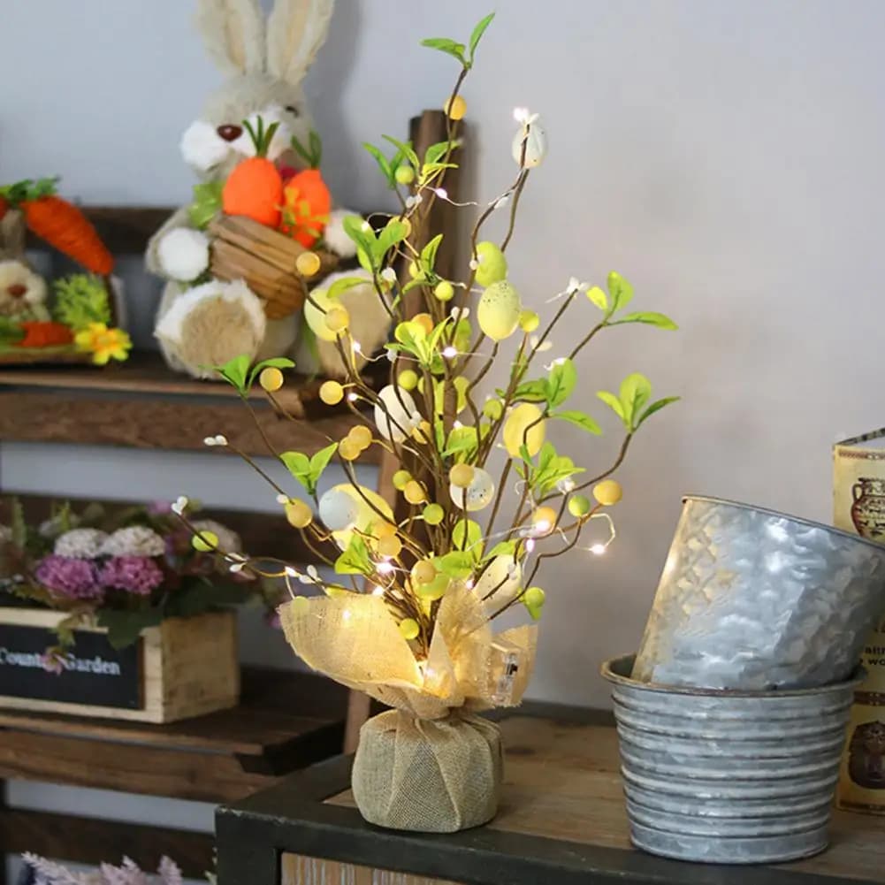 Luci della stringa Luci pasquali alimentate a batteria Albero dell'uovo di Pasqua pre-illuminato con luci a LED Base in tela da tavolo in betulla a batteria