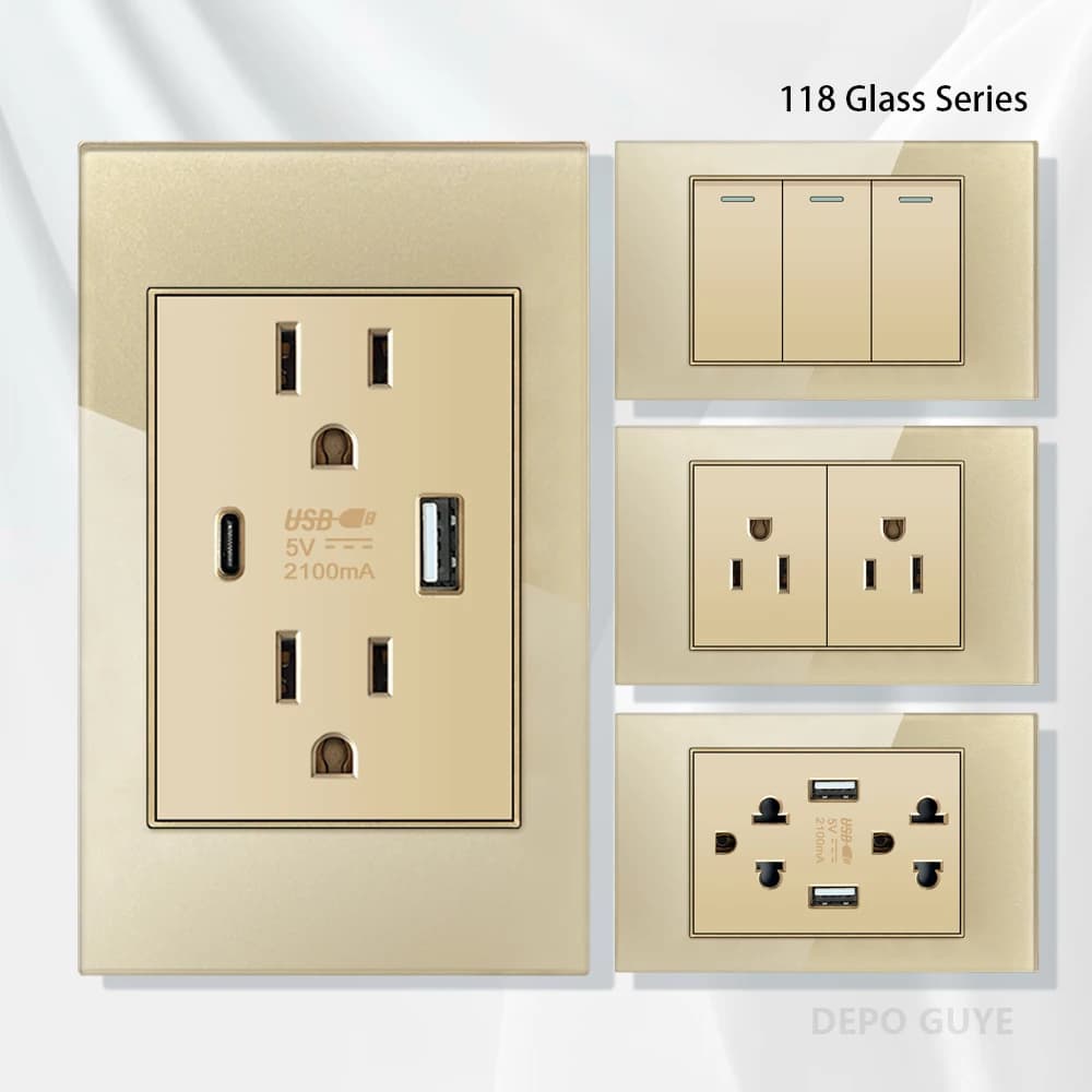 American Standard Double Wall USB Grip Adapter, Mexico USA Tempered Glass Light Switch Adapter For Home Use Type-c Quick Charge