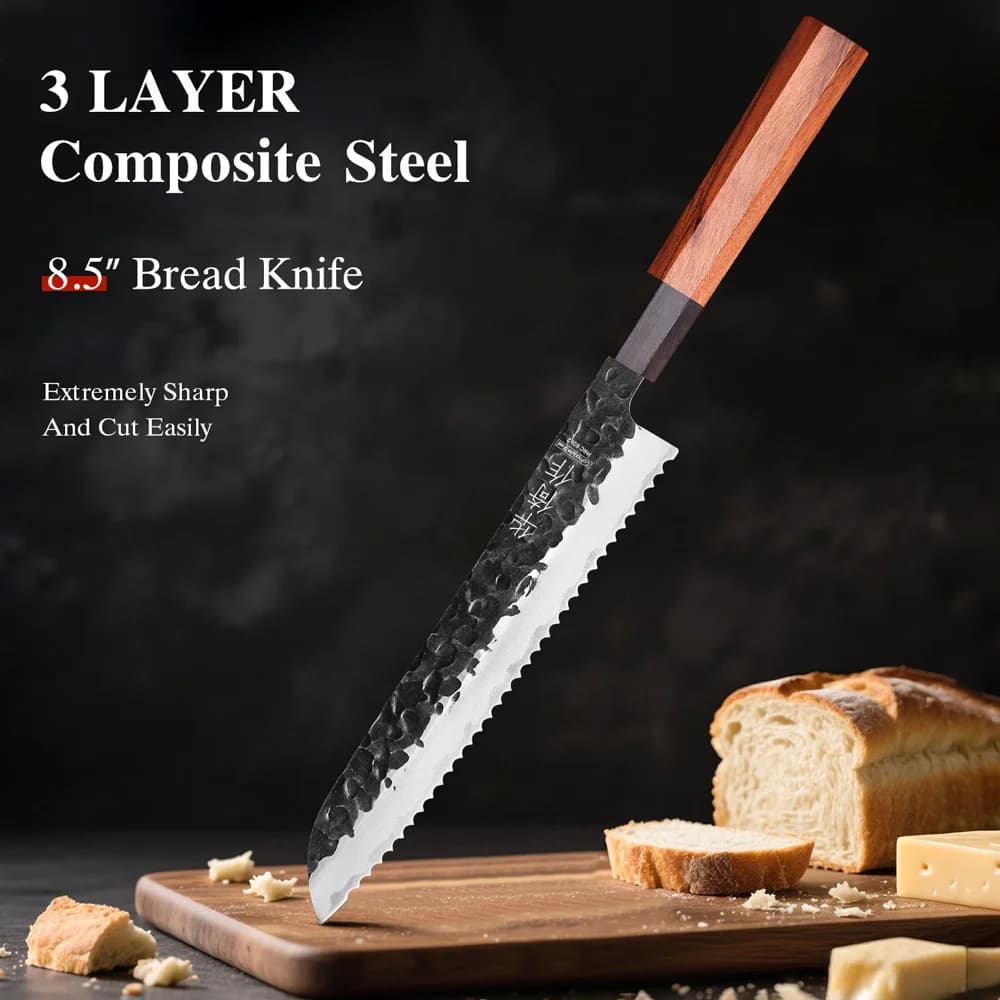 Coltello da pane da 8,5 "Coltello da chef professionale fatto a mano in acciaio composito di alta qualità Coltello da cucina per pane tostato tagliato forgiato Coltelli seghettati
